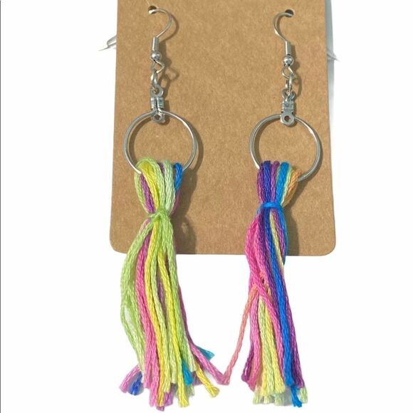 none Jewelry - Rainbow Tassel Fringe Statement Earrings Slip On Dangle Hoop Silver Green Pink‎
